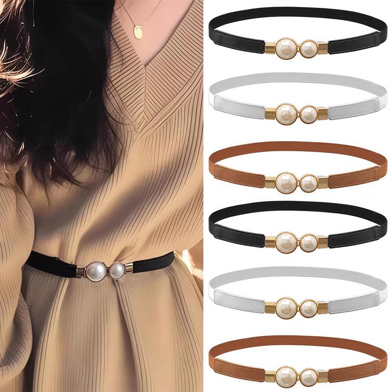 New Elegant Vintage Pearl Waist Chain Belts for Women Korean Style Sweater Jacket Hooks Elastic Slim Fit Leather Belt