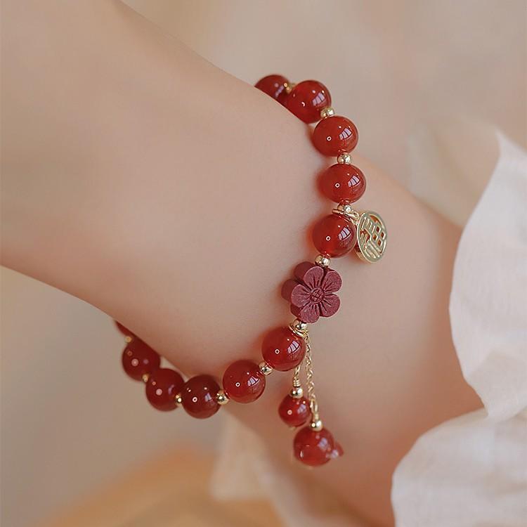 Prayer Red Agate Cinnabar Flower Bracelet for Women, Light Luxury Niche Exquisite Fortune Charm Bracelet, Gift for Girlfriend or Best Friend