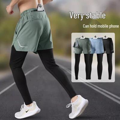 Pantalones de Correr de Dos Piezas Falsos de Secado Rápido para Hombre con Bolsillo para Teléfono, Alta Elasticidad, Ajuste Ceñido, para Fitness y Entrenamiento de Maratón.