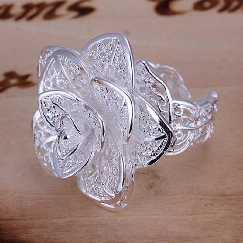 Lady Girl Elegant Silver Plated Hollow Out Flower Shaped Opening Finger Ring