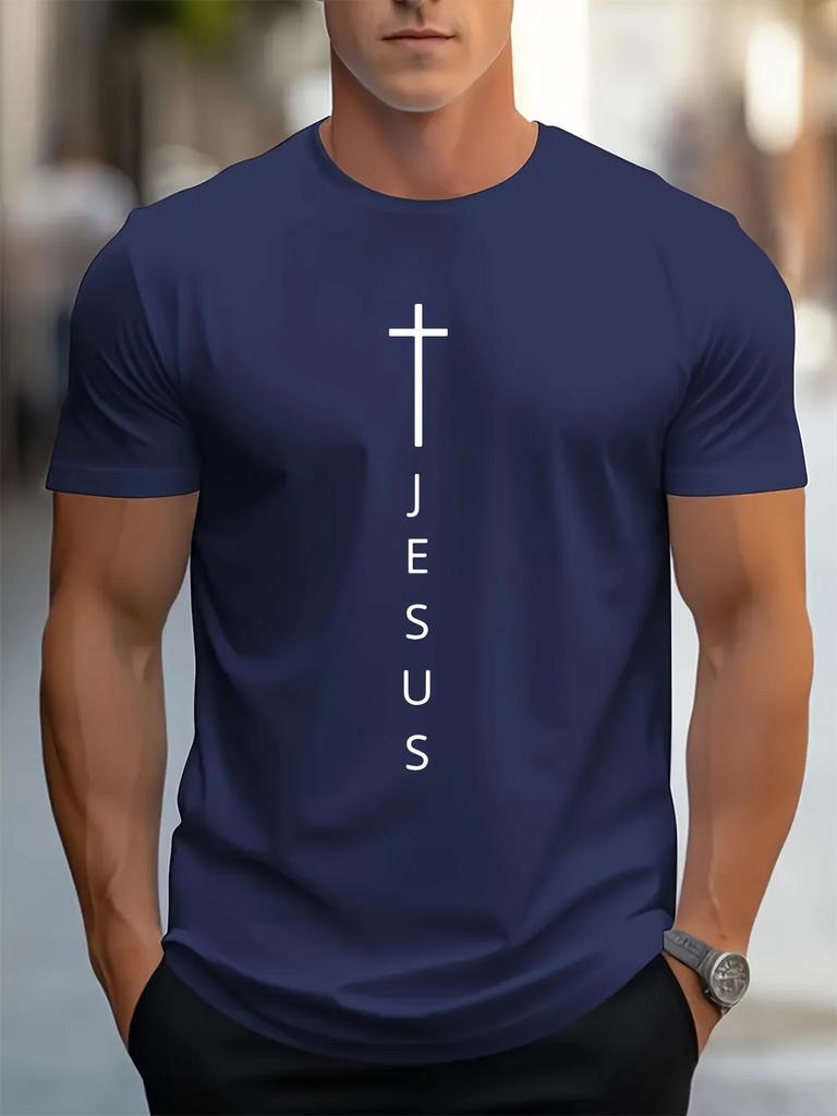 Mens Summer 100 Cotton Fashionable Casual Loose Large Cross and Jesus Letter Printed Sports Round Neck Short Sleeve Tshirt Top