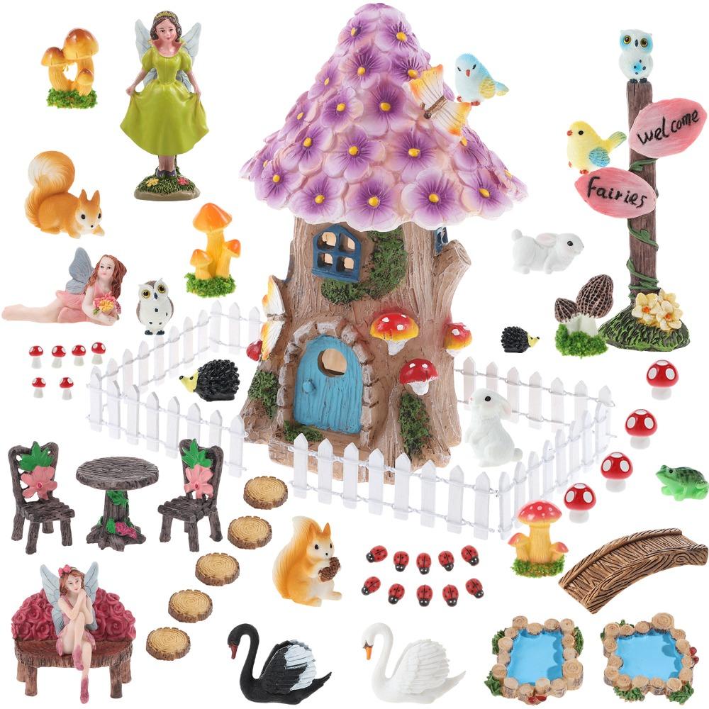 

60PCS Solar Fairy Garden Accessories Resin Light up DIY Village Decoration Elves Flowers Cottage Micro Landscape Ornament