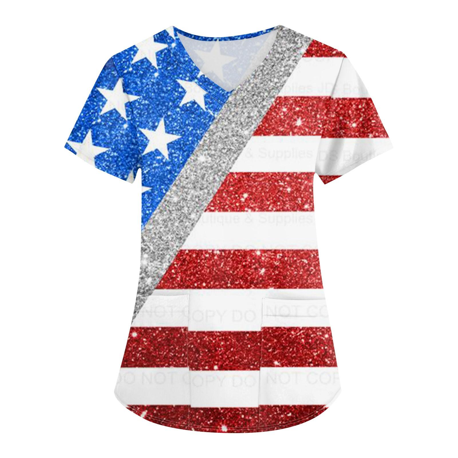 

Женские модные топы с принтом на День независимости и короткими рукавами и V-образным вырезом, рабочие футболки с карманами XL