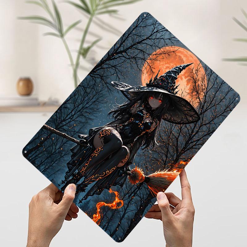 Anime Witch on Broomstick With Moon Printed Poster Customized Wall Art Retro Vintage Metal Tin Signs for Wand Deko Home Decor