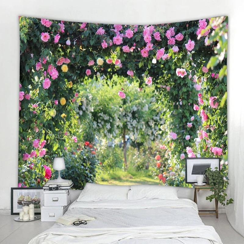 Garden Printed Tapestry Arched Flower Door Pattern Hanging Cloth Home Decoration Bedroom Living Room Wall Background Cloth