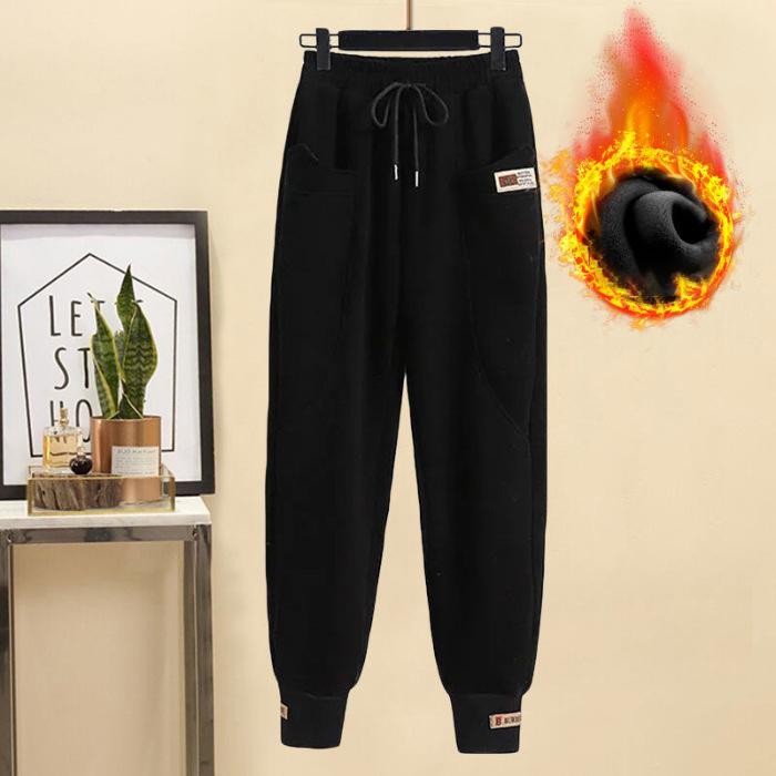 High-waisted Women's Trousers Thickened Plus Size Autumn Winter Solid Coloured Simple Loose Leisure Warm Drawstring Trousers