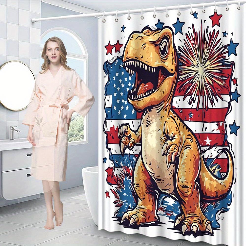 1Pc Patriotic Dinosaur Shower Curtain, 4Th Of July Stars Stripes Fireworks Design, Polyester Fabric, 12 Hooks, 70X70 Inches,