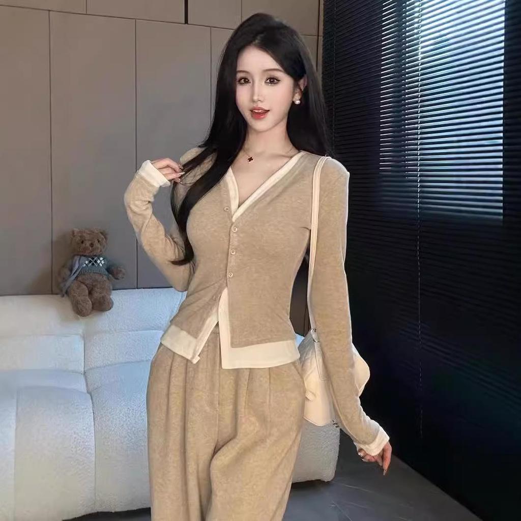 2024 Frühling/Herbst V-Ausschnitt Zweiteiler: Lässiger Stil Top & Schmale Weitbein-Hose