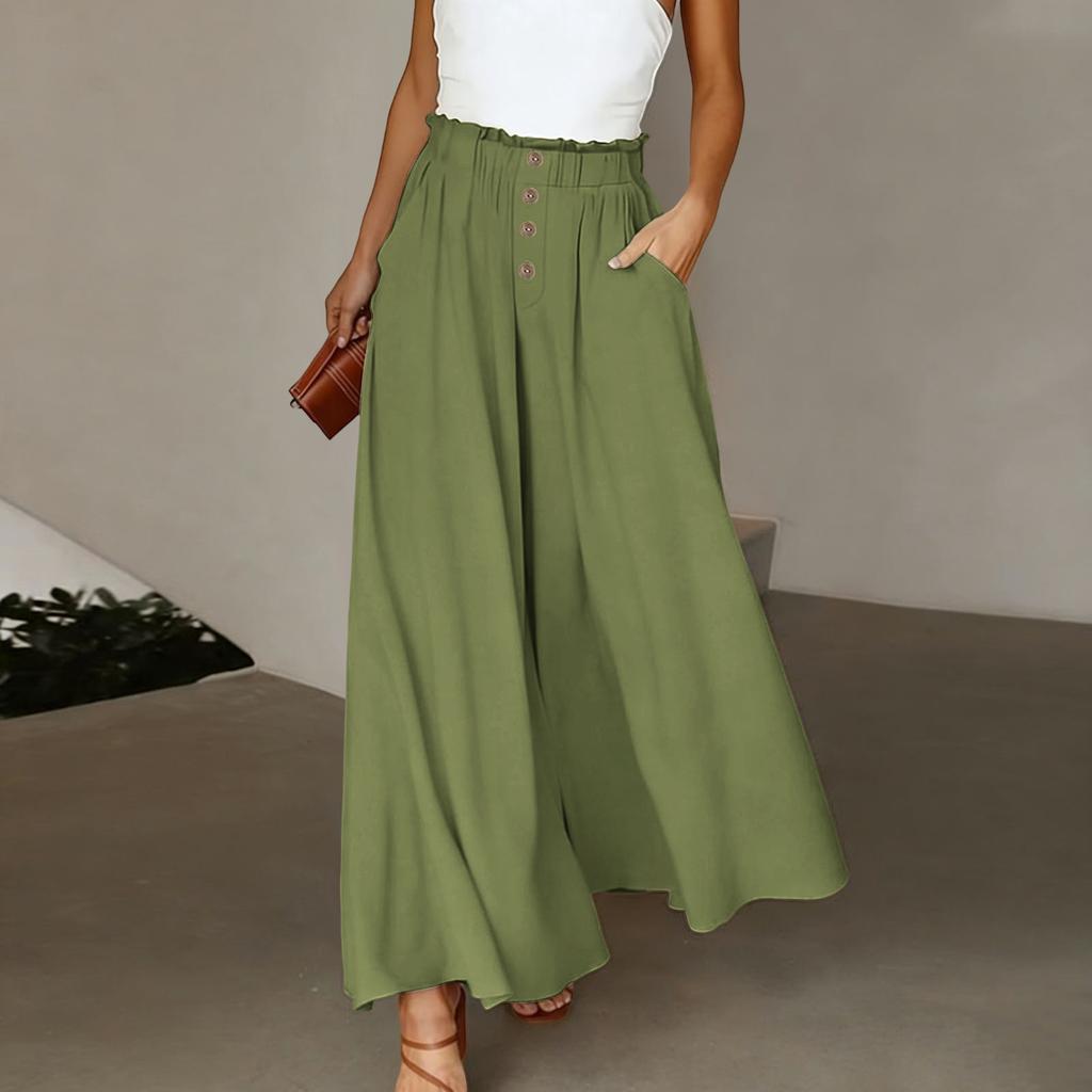 Linen Casual Wide Leg Pants For Women Elastic Waist Versatile Business Casual Work Palazzo Trousers With Pockets