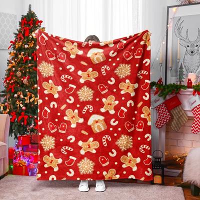 1pc Cozy Christmas Gingerbread Print Flannel Throw Blanket - Lightweight All-Season Soft Warmth for Sofa Bed