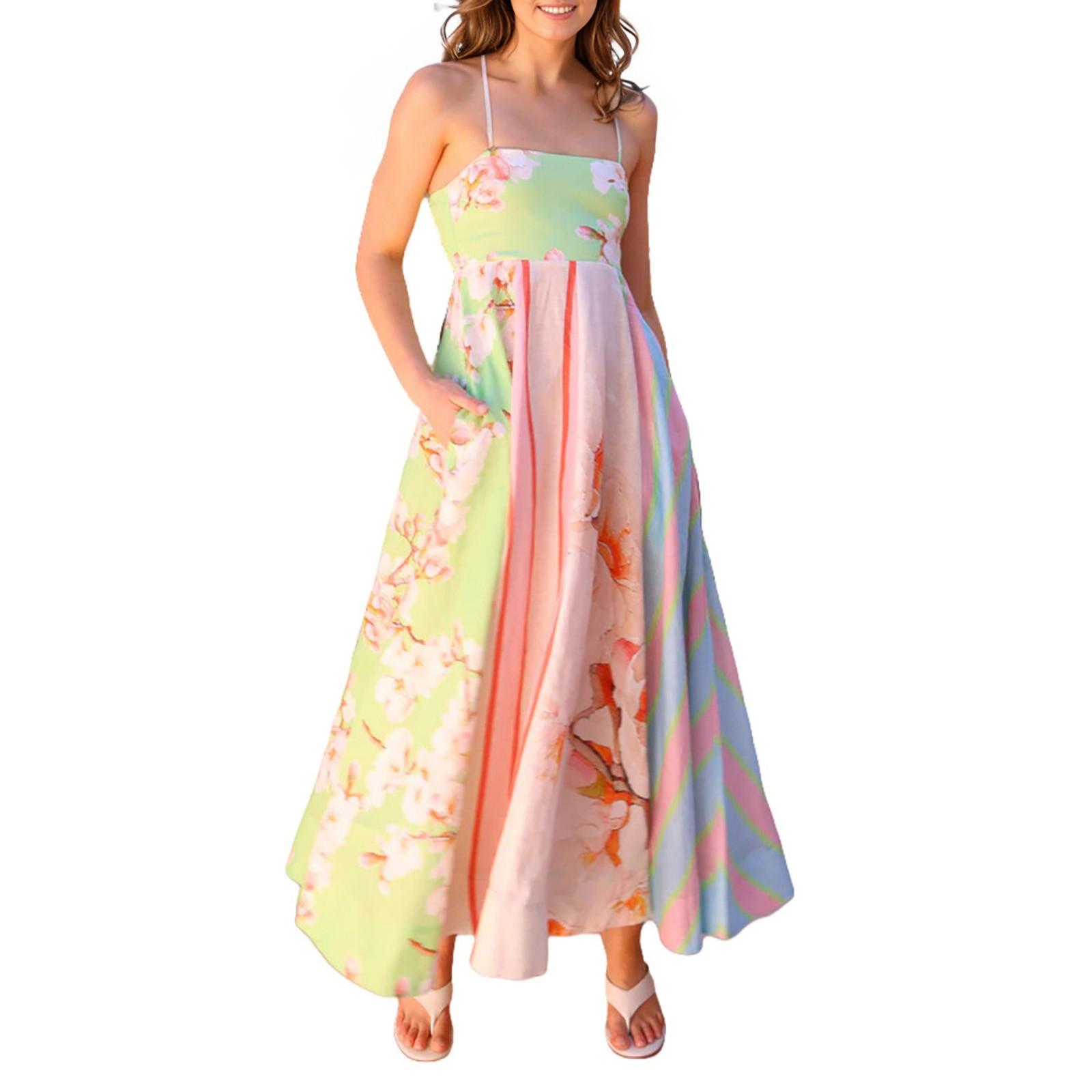 Women Summer Dress Elegant Floral Print Elastic Strap Dress Vacation Style French Floral Spaghetti Strap Long Dress S зелёный