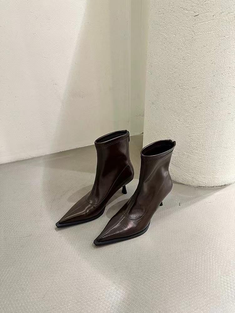 Fashion 2024 Autumn New Women's Pointed Toe High Heel Short Boots Thin Heels Optional Fleece Lining Middle Followfashion Women Boots