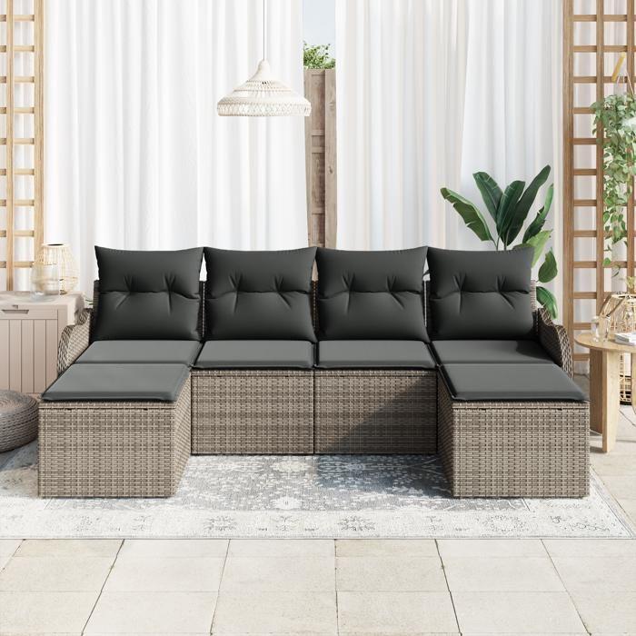 Ensemble de Canapé de Jardin 6 Pièces avec Coussins en Rattan Gris Poly, Canapé de Jardin 2 Places avec Coussins en Rattan 3345809