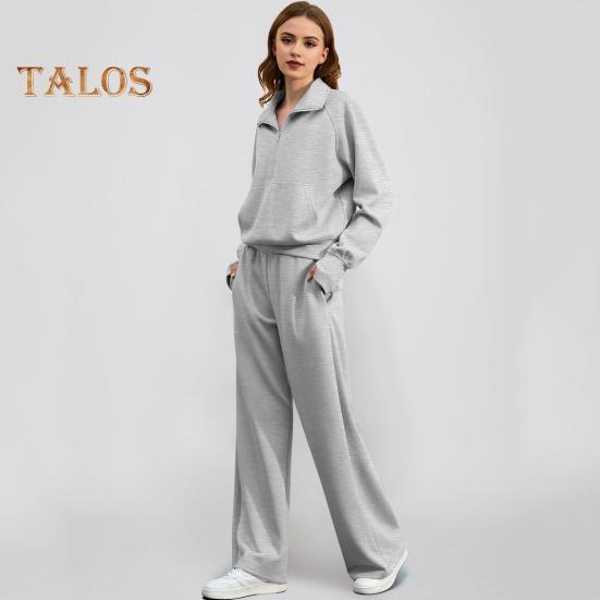 2 ks/sada dámských topů a kalhot, sada s poloviční zipem, odkládacím límcem, dlouhým rukávem, mikinou s elastickým pasem a širokými nohavicemi, sportovním oblečením, podzimním oblečením a volnočasovými aktivitami