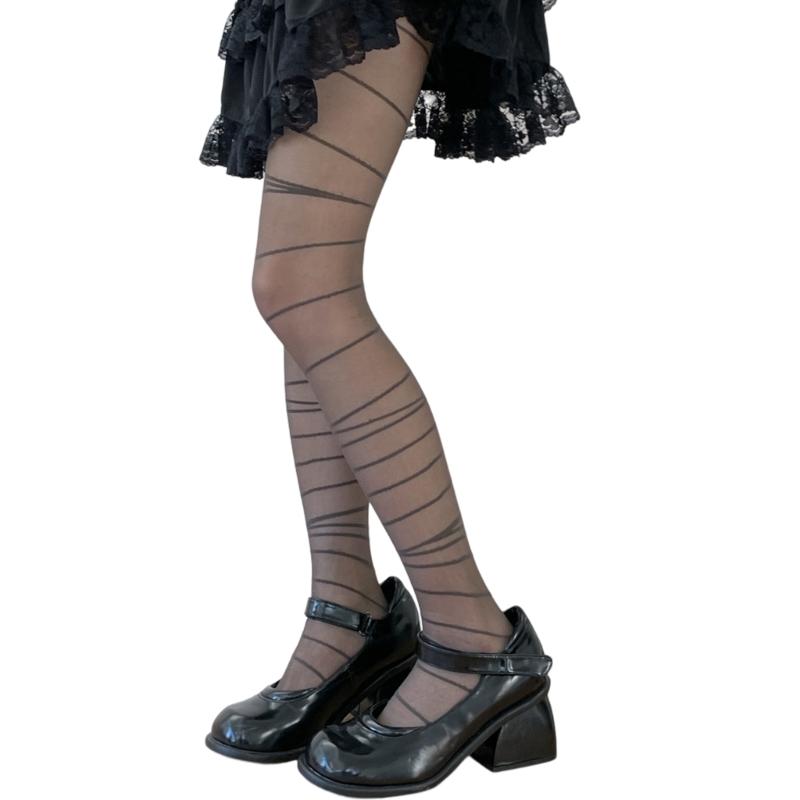 Womens Asymmetrical Horizontal Striped Pantyhose Dark Gothic Punk Aesthetic Jacquard Patterned Silky Tights Stockings
