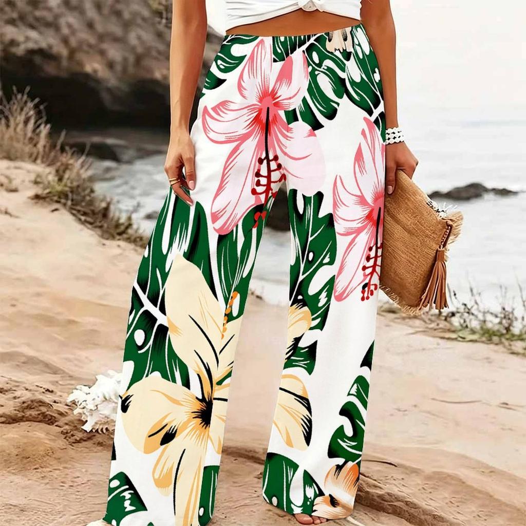Pantaloni Larghi Estivi da Donna per la Spiaggia Stampa Floreale Vita Alta Elastica Vestibilità Larga Casual da Vacanza Pantaloni Palazzo