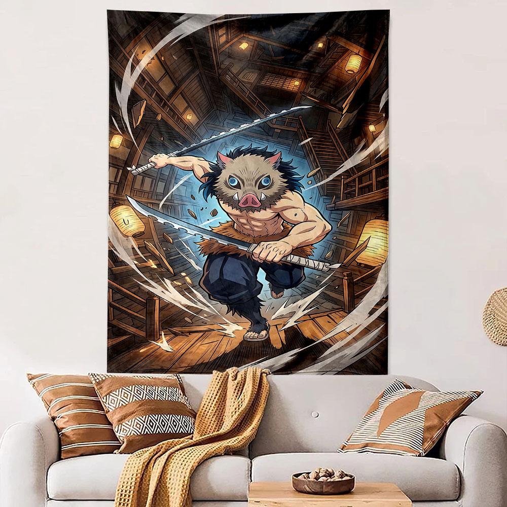 Demon Slayer Inosuke Hashibira Anime Wandteppich Wildschweinmaske Doppelsägezahn-Katana Japanisches Haus Dekor für Schlafzimmer Wohnheim Geschenk