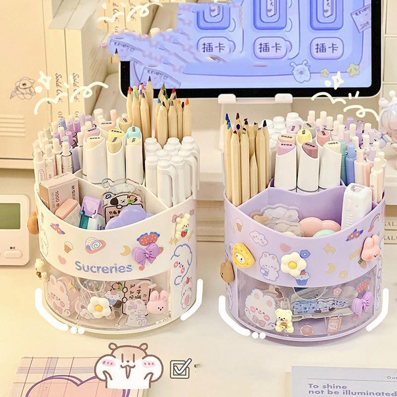 Kawaii Stationery Storage Box Cute Rotating Pen Holder Desktop Drawer Stationery Case School Office Pen Holder Desk Organizer
