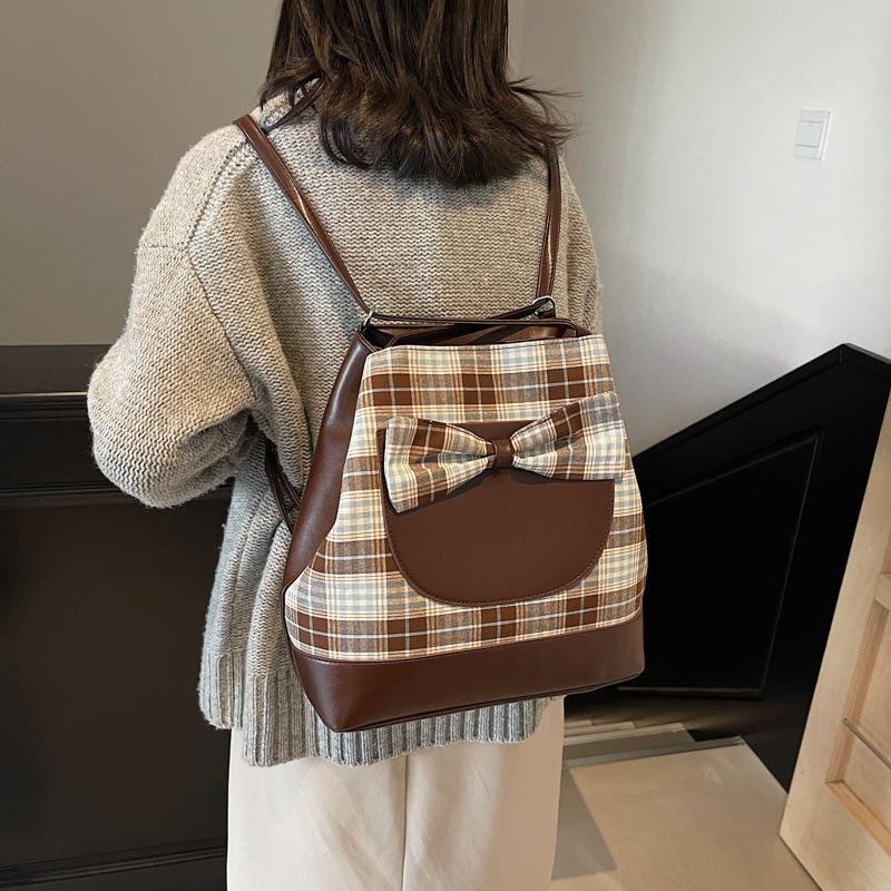 Premium Sense Large Capacity Backpack Bag Women'S Fashion Plaid Shoulder Bag Bow Cute Tote Bag