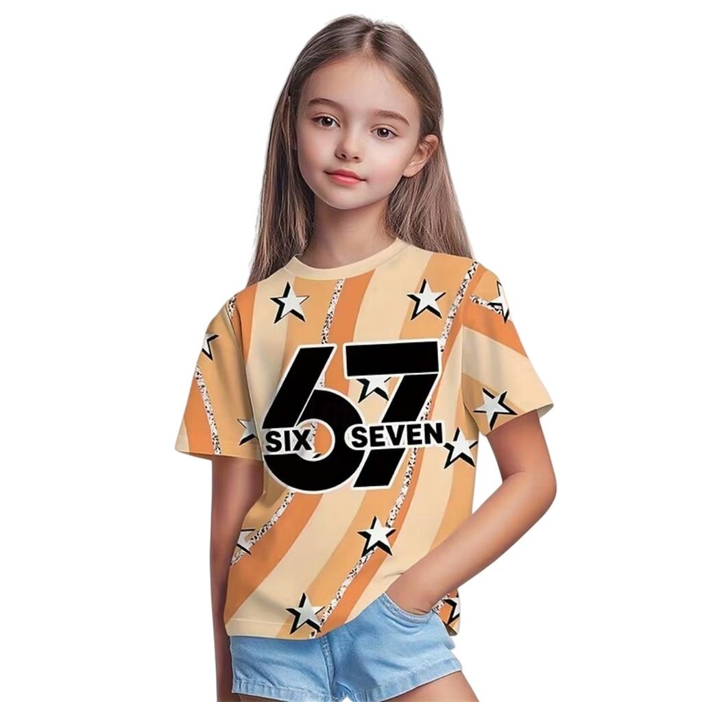 New 67 Meme T-Shirt for Boys Girls Fashion Splashed Ink 3D Print Girl Short Sleeve Tees Round Neck Top Loose Children's Clothing