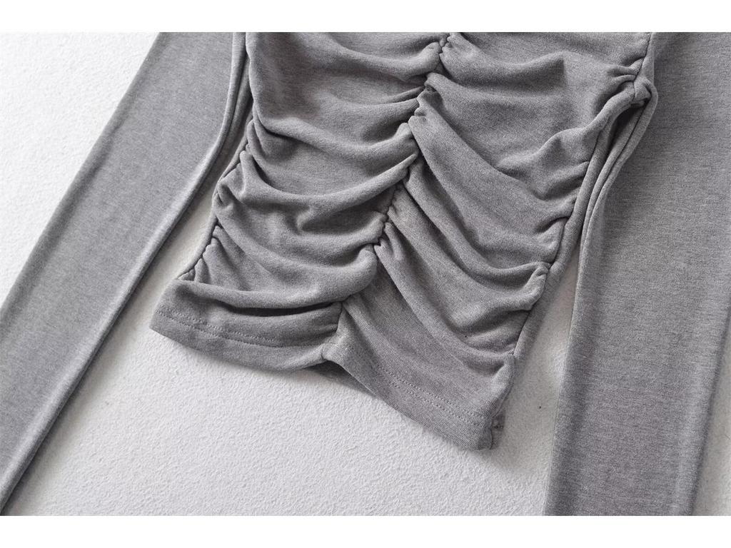 High Neck Pleated Design Waist-Cinching Long Sleeve T-Shirt for Women - Autumn/Winter
