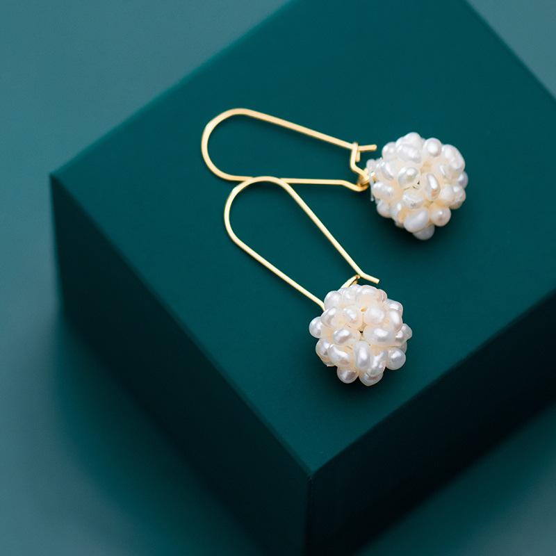 14K Real Gold Plated Freshwater Pearl Flower Ball Hoop Earrings for Women Bridal Jewelry