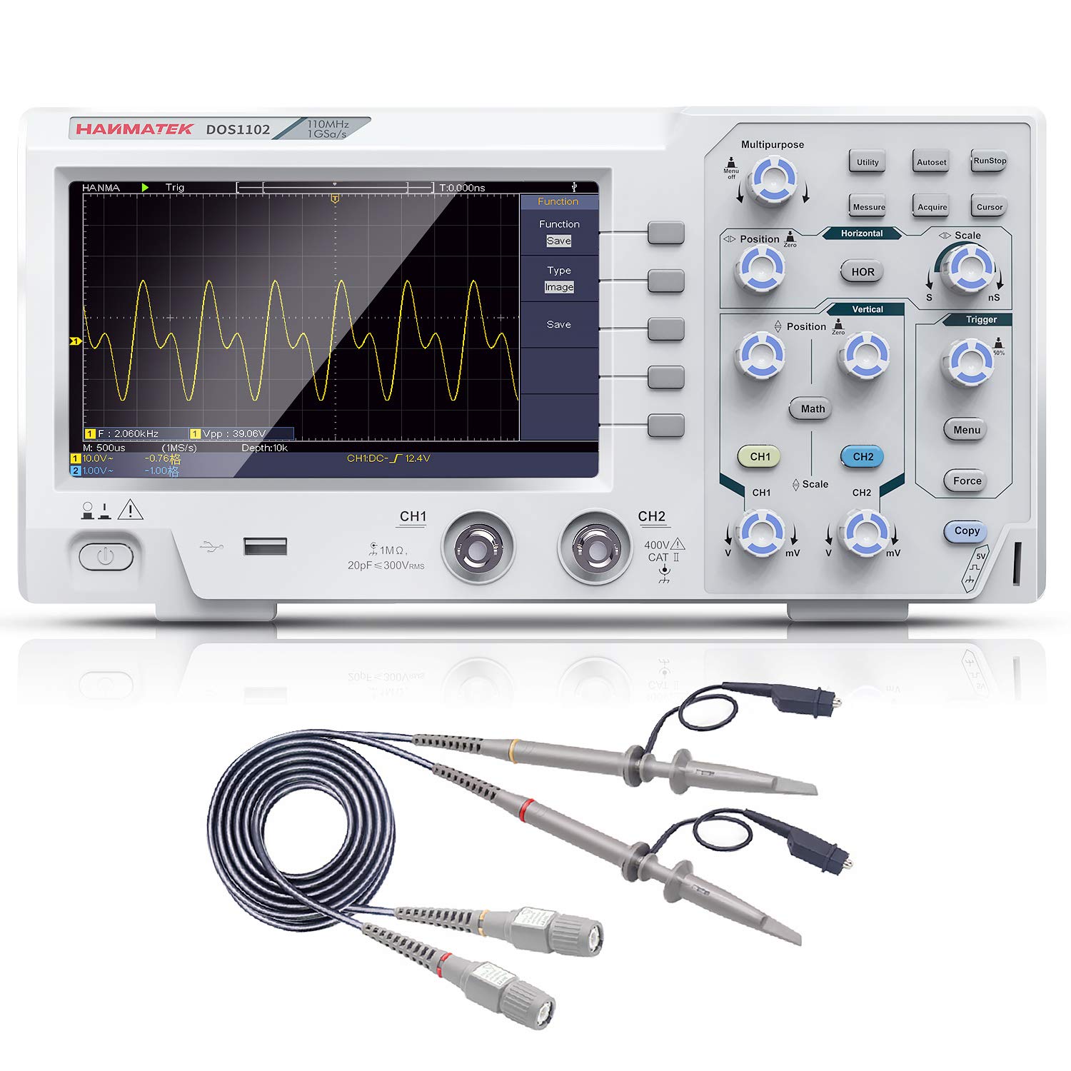 

Hanmatek DOS1102 Portable Professional Digital Oscilloscope, 110 MHz Bandwidth, 2 Channels, 7-inch/18cm TFT-LCD Display, 1GS/s Sampling Rate