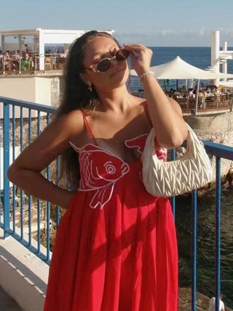 Красная вышивка в форме рыбы Женские платья свободный бретель без рукавов спинки — фото 6