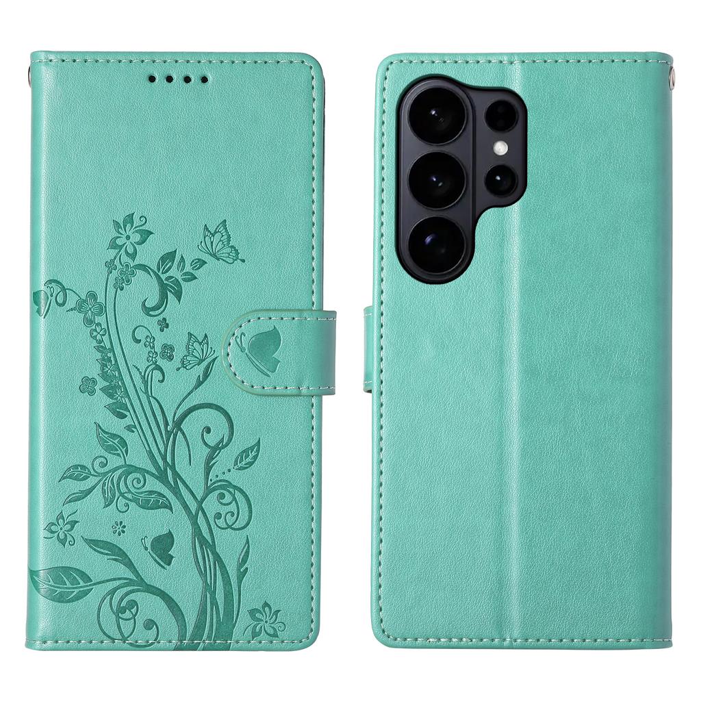 For Samsung Galaxy S26 Ultra Wallet Case Butterfly Floral Imprint PU Leather Phone Cover with Wrist Strap