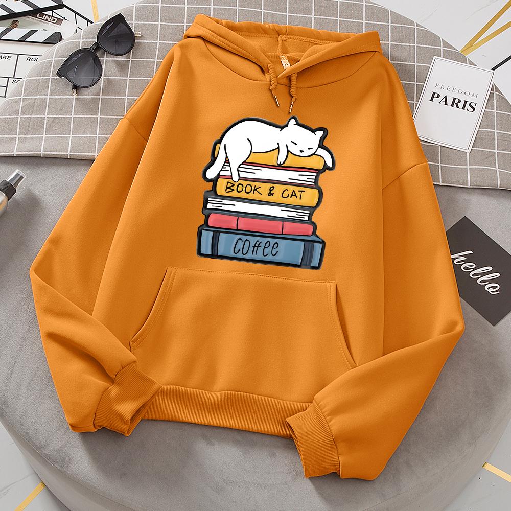 White Cat Sleeping On A Pile Of Books Hoodies Women Novelty Fashion Hoody Loose Oversized Basic New Hoodie Casual Fleece Clothes