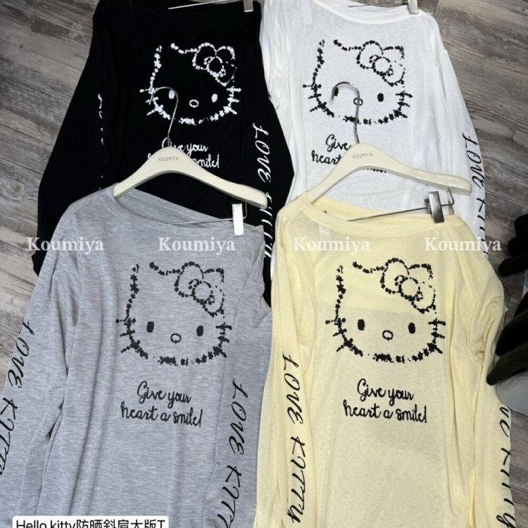 South Korea Dongdaemun Summer New Cartoon Printing Sunscreen Long-sleeved T-shirt Women's Loose Versatile Diagonal Neck Off-the-shoulder Top