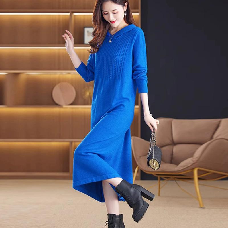 

Осеннее платье Женское вязаное свитерное свободное повседневное полосатое осеннее элегантное длинное платье макси зеленое One Size синий