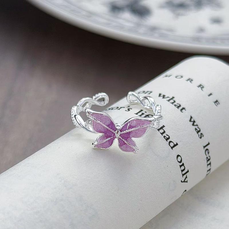 Double-Layer Butterfly Enamel Dripping Oil Sweet And Cool Open Ring Small Fresh Temperament Stacked Wearing Personalized Niche Ring Woman Adjustable opening