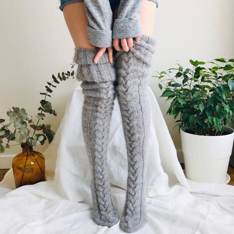 Women Winter Warm Breathable Long Johns Mohair Knee Length Knitted Wool Stretch High Sockings Femboy Leg Warmers Kawaii Clothes
