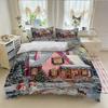3Pcs Christmas Theme Bedding Set Pink Winter Village Print (1Duvet Cover + 2Pillowcase, Without Core) - Suitable For All Seasons