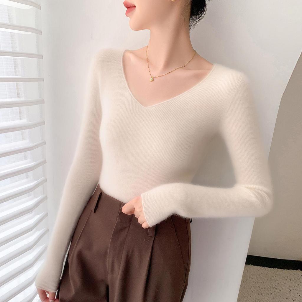 Women's V-Neck Cashmere Pullover - Loose Fit Solid Color Base Layer for Autumn/Winter