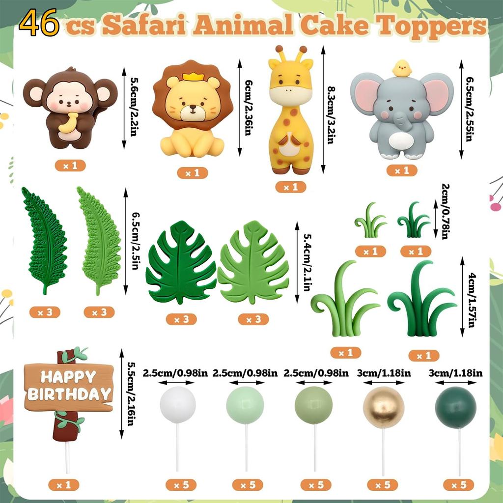 Safari Animal Cake Topper - Jungle Wild Cake Toppers with Monkey Lion Elephant Giraffe and Leaves Balls Cake Decorations