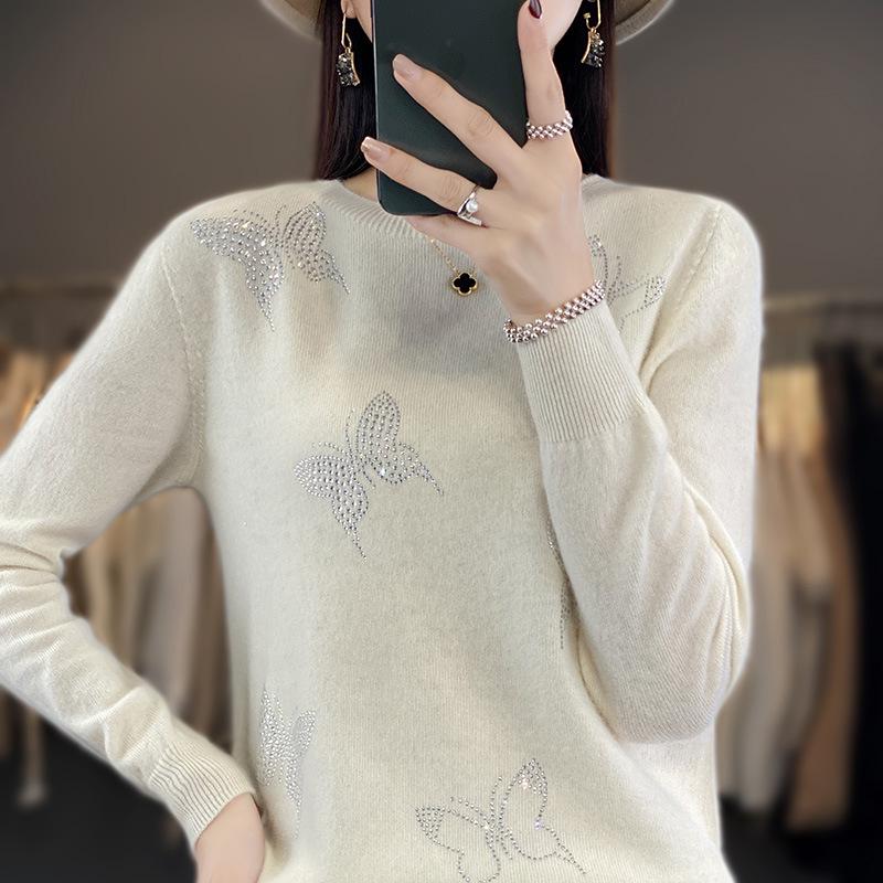 Butterfly Rhinestone Crew Neck Casual Spring Sweater for Women
