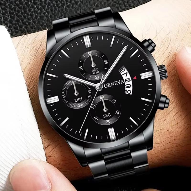 3PCS Men's Watch Set Business Trend Classic Round Dial Quartz Watch Bracelet Necklace Set Perfect Gift for Friends or Dad