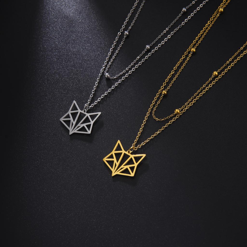 Hollow Fox Pendant Necklace Stainless Steel Women's Classic Animal Charm Double layer Bead Chain Fashion Jewelry Party Gift