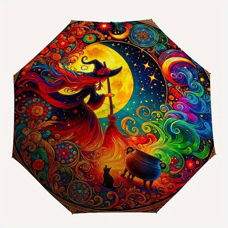 Enchanted Moonlit Witch Art Print, Mystical Night Sky Decor Umbrella, Cute Umbrella with Cute Design, Portable 3-Fold Compact Umbrella for Men & Women
