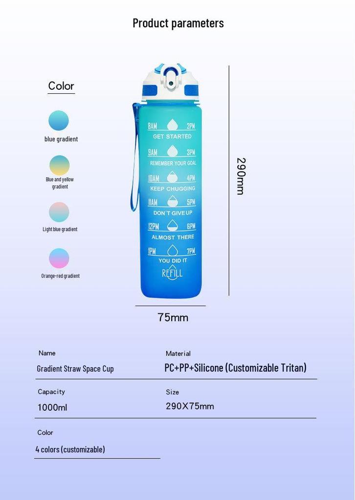 Gradient Frosted Sports Water Bottle with Handle and Straw – 1000ml Large Capacity Outdoor Use