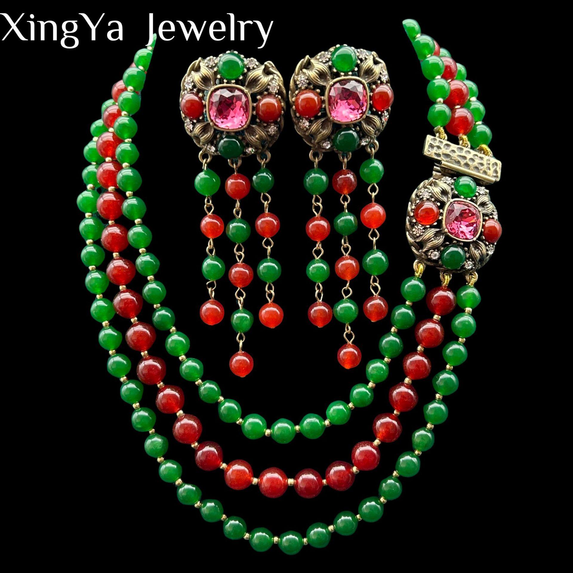 

Vintage Style Elegant Classic Red Green Contrasting Glass Bead Necklace Ear Clip Set