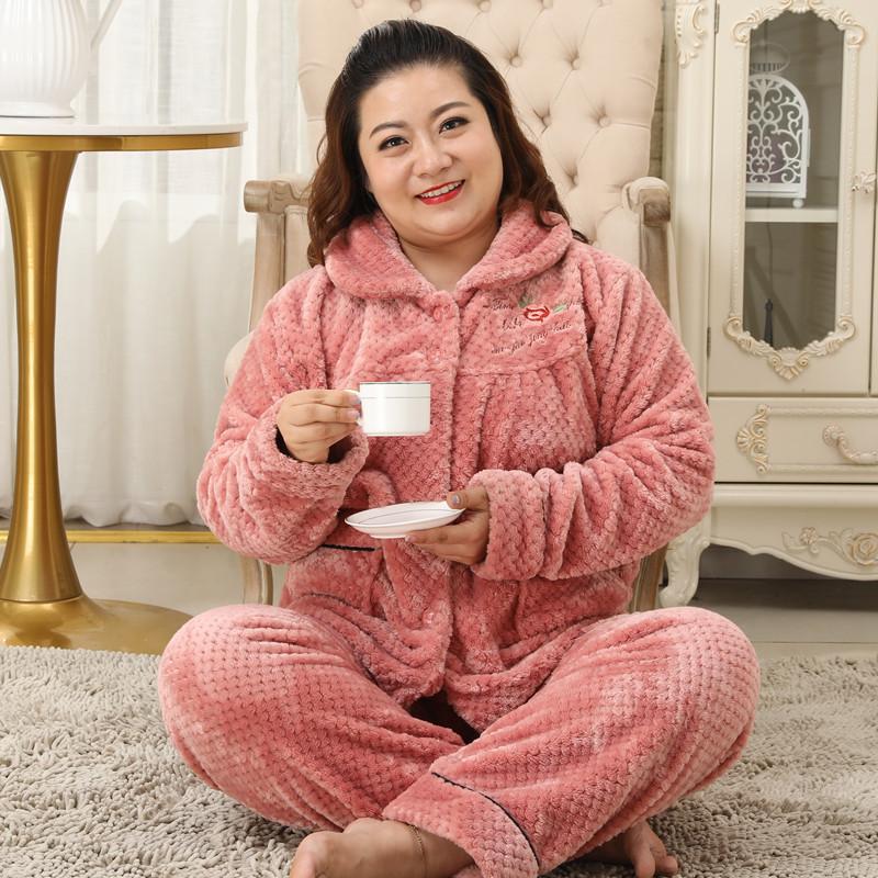Fat MM Winter Long Sleeve Cardigan Thickened Flannel Pyjamas 5XL Older Plus Size Pyjamas Set