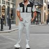 Men's Waffle Knit Color Block 2-Piece Set Short Sleeve Button-Down Shirt & Pants Casual Streetwear