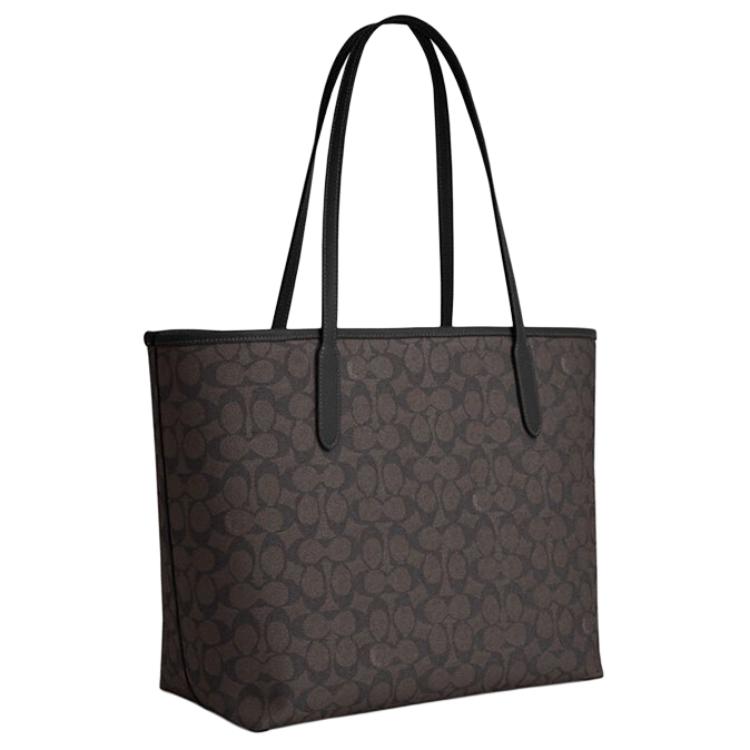 Coach City 33 Logo Plaque Magnetic Closure Tote Bag Women tote Black Brown CV976-IMXAQ