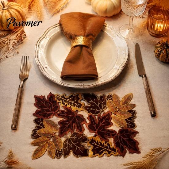 Decorative Mats for Autumn Gatherings Maple Leaf Embroidered Placemat, Coaster Place Mat, Thanksgiving Home Kitchen Decor Table Mat Fall Farmhouse