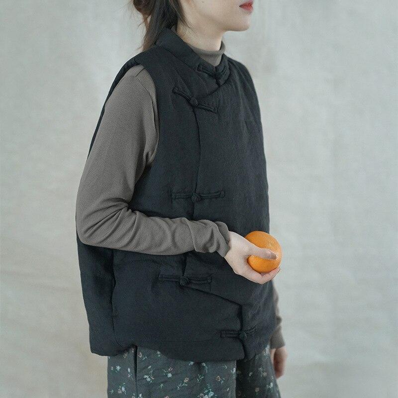 Johnature Women Stand Bead Quilted Vest Retro Polyester Solid Color Loose Padded Coat Winter Sleeveless Button Clothes