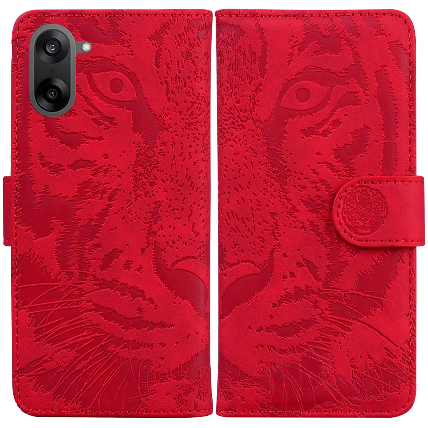 

For OnePlus Nord CE5 5G Case Tiger Imprint Leather Wallet Phone Cover Red