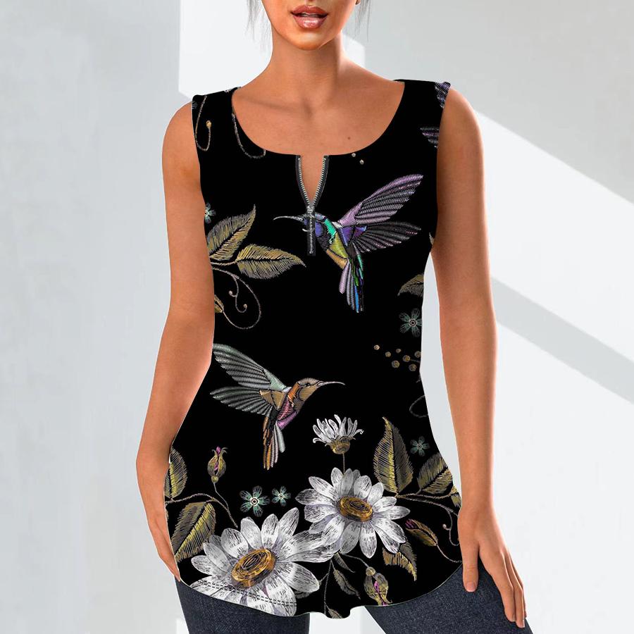 Kadın Moda V Yaka Gömlek Casual Tops T-shirt Bayanlar 3D İşlemeli Kuşlar Baskı Yelek Artı Boyutu Kolsuz Bluz Tank Tops